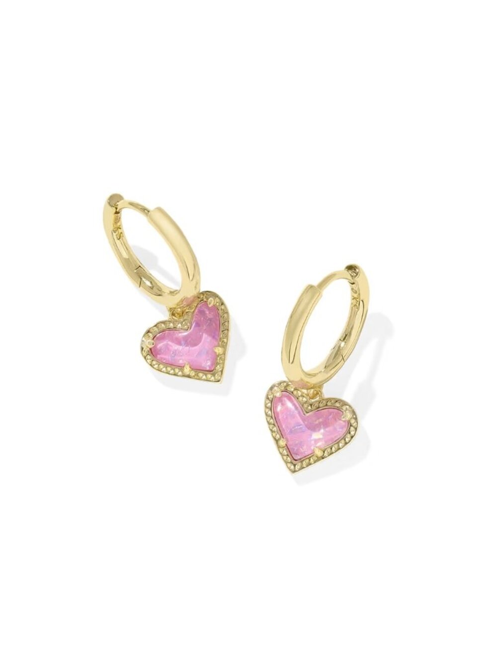 Ari Heart Gold Huggie Earrings in Pink Iridescent Glitter Glass